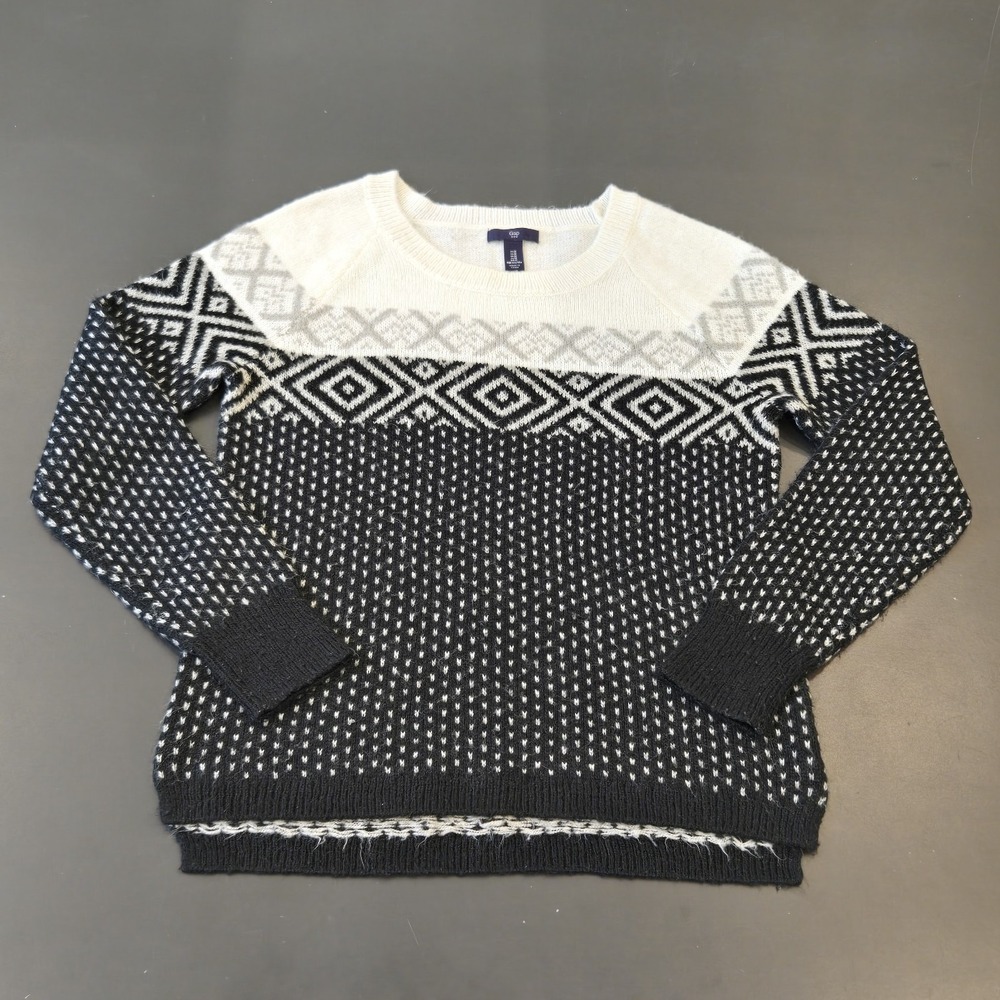 Fair Isle Sweater M Women's Gap Nordic Longsleeve Black White Gray Pullover Warm